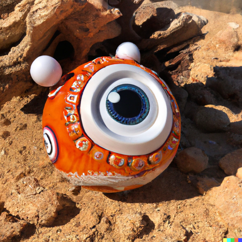 Prompt: photo of a one-eyed orange and white bb8 alebrije in the desert