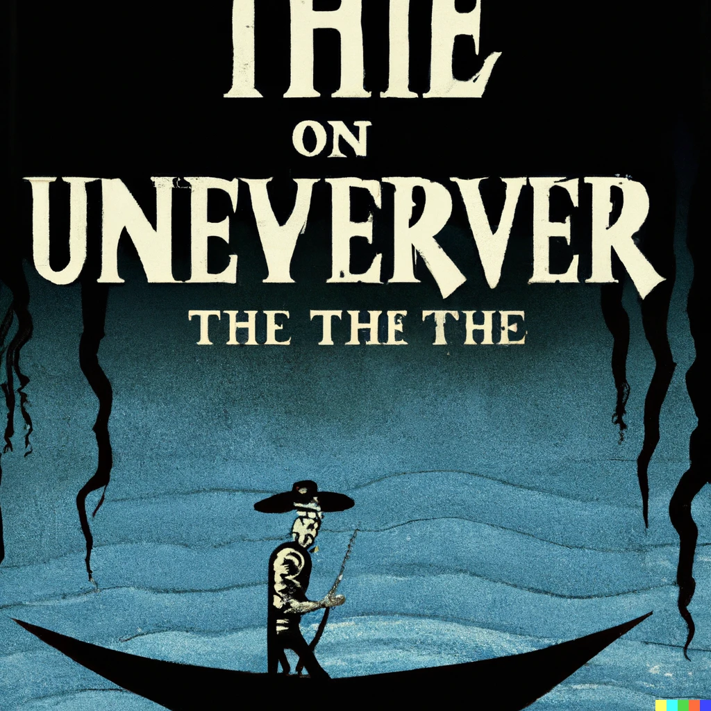 Prompt: vintage travel poster for the underworld  river styx with a cloaked skeleton guiding his boat