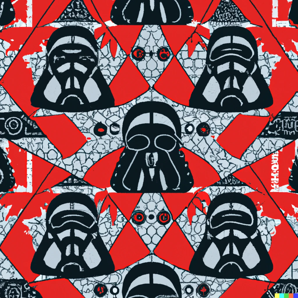 Prompt: art moderne hawaiian fabric pattern with the theme of darth vader