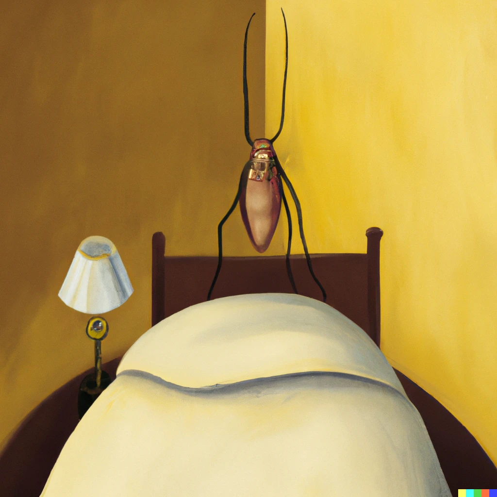 Prompt: surrealist painting of “a human-sized  insect waking up in a person’s bed”