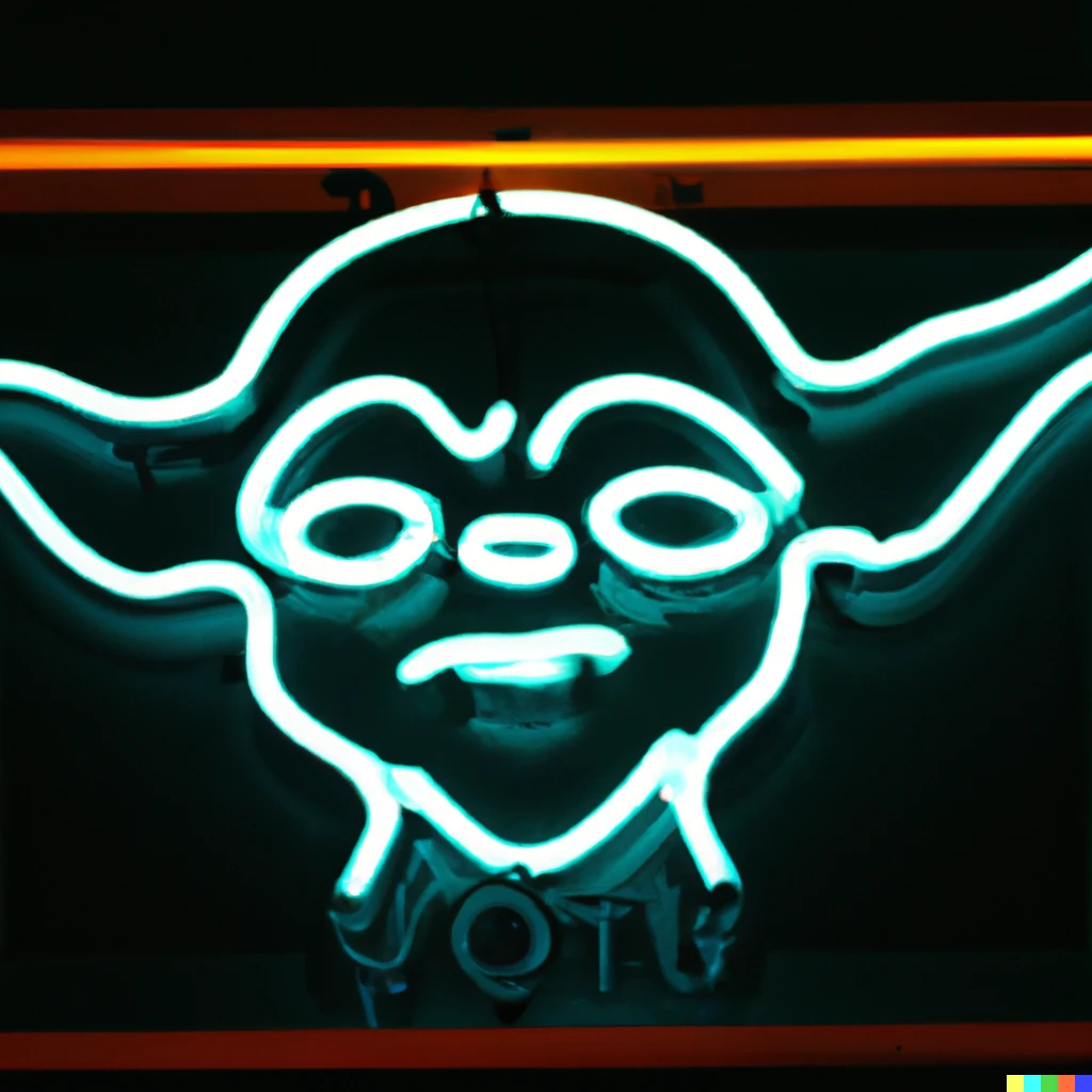 Prompt: photo in a bar of a neon sign of yoda