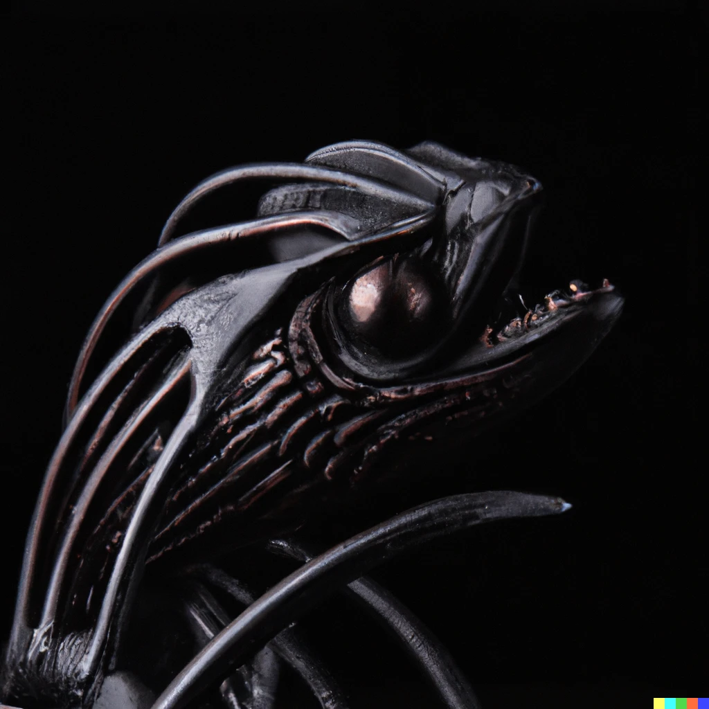 Prompt: photo of a fanged black h.r. giger xenomorph alien themed alebrije on a black background