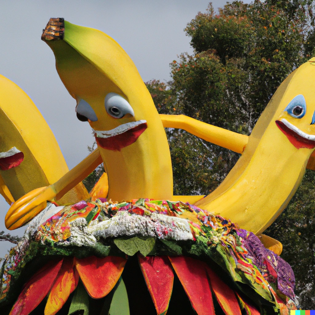 Prompt: a photo of a banana themed float during the rose parade