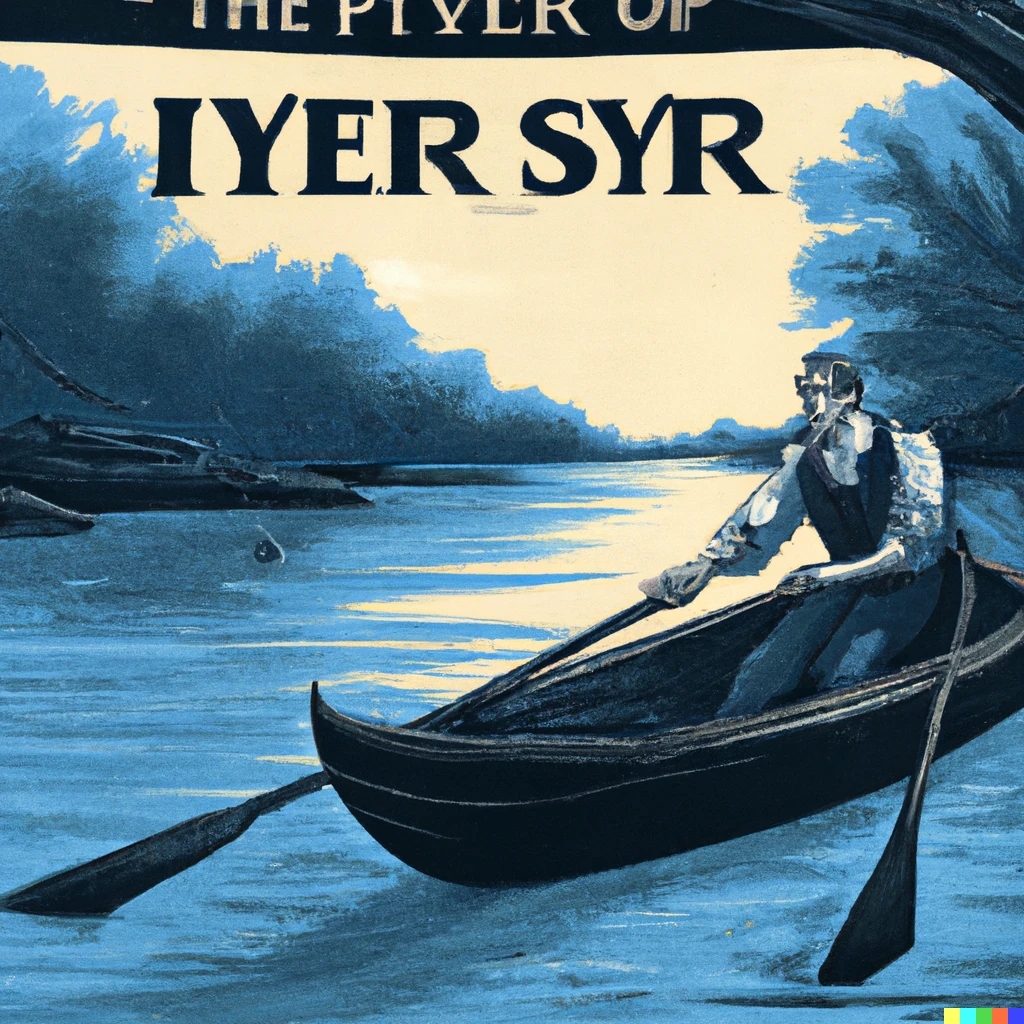Prompt: vintage travel poster for the river styx with charon the boatman poling his boat