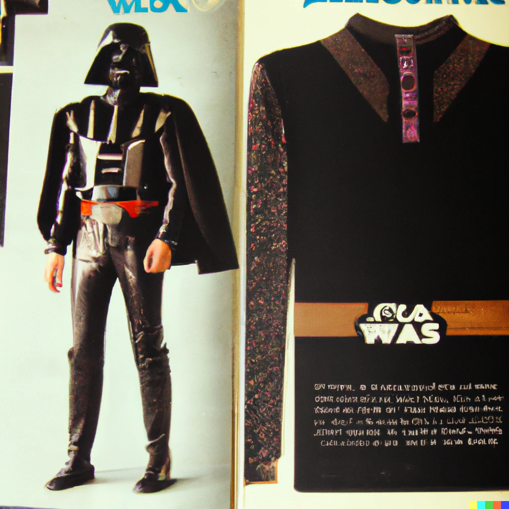 Prompt: photo of a 1978 Sears catalog with Darth Vader men’s fashion