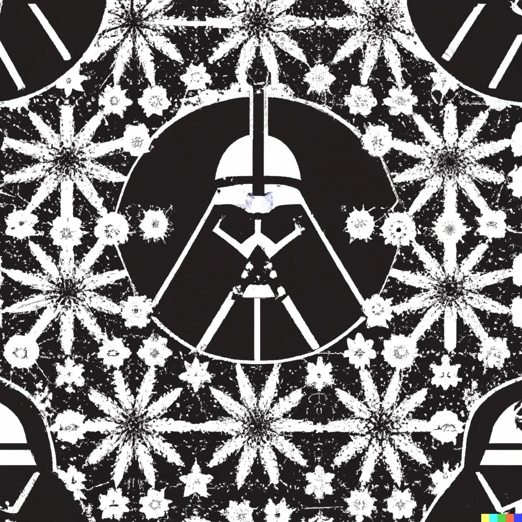 Prompt: art deco hawaiian fabric pattern with the theme of darth vader