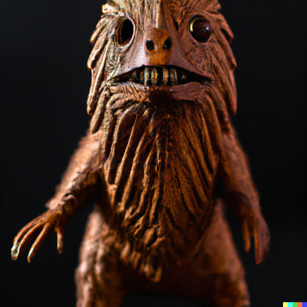 Prompt: photo of a brown chewbacca alebrije standing in front of a dark background