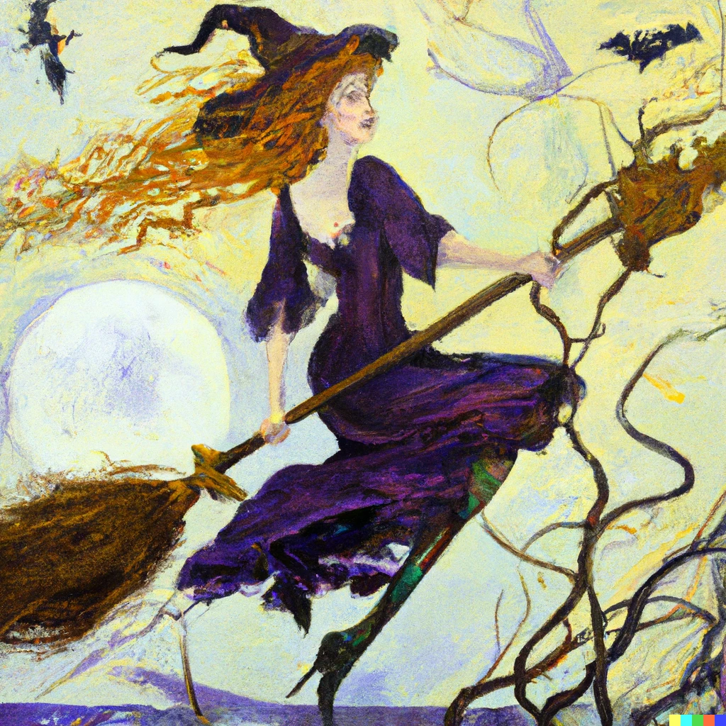 Prompt: art nouveau painting of a beautiful young witch riding a broom