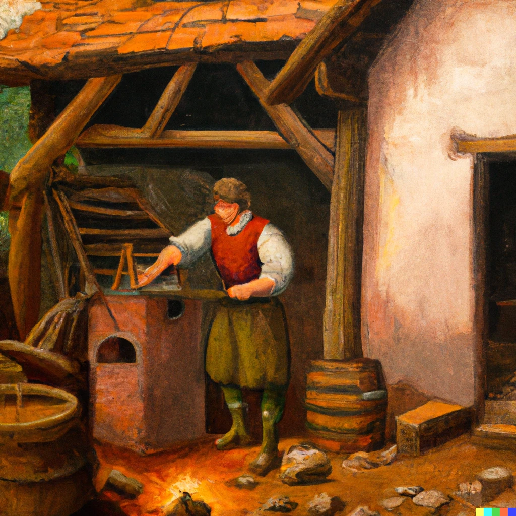 Prompt: renaissance oil painting of a village smithy