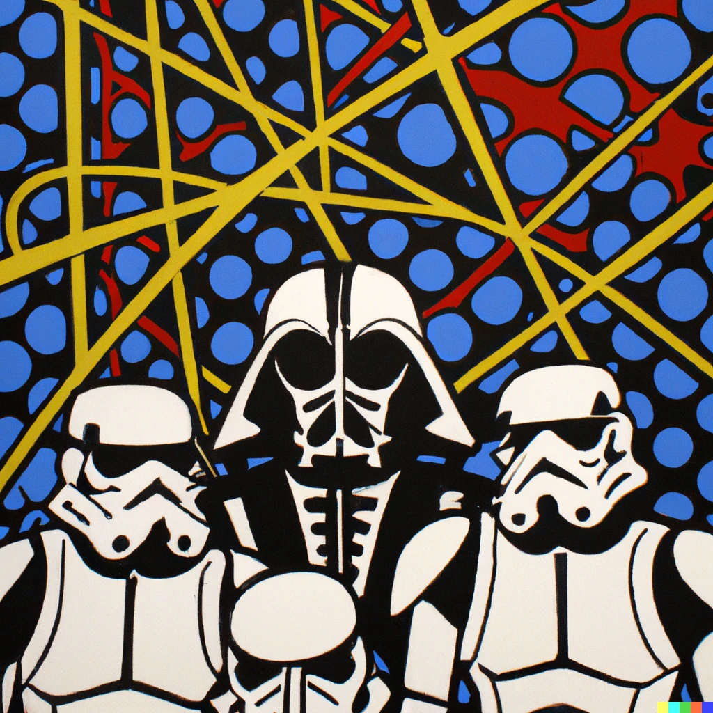 Prompt: painting by roy lichtenstein of darth vader and stormtroopers