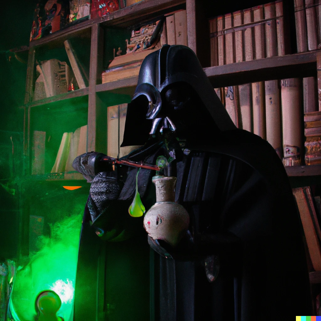 Prompt: photo of a darth vader, the potions professor, in the slytherin dungeon