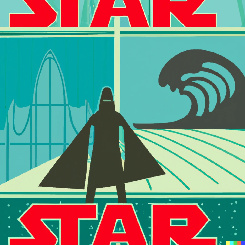 Prompt: fabric pattern in the style of a stan galli surf travel poster with the theme of darth vader