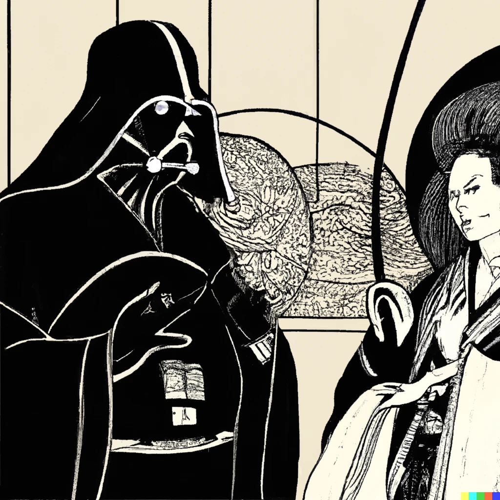 Prompt: ukiyo-e darth vader in black kabuto and mask interrogating princess leia