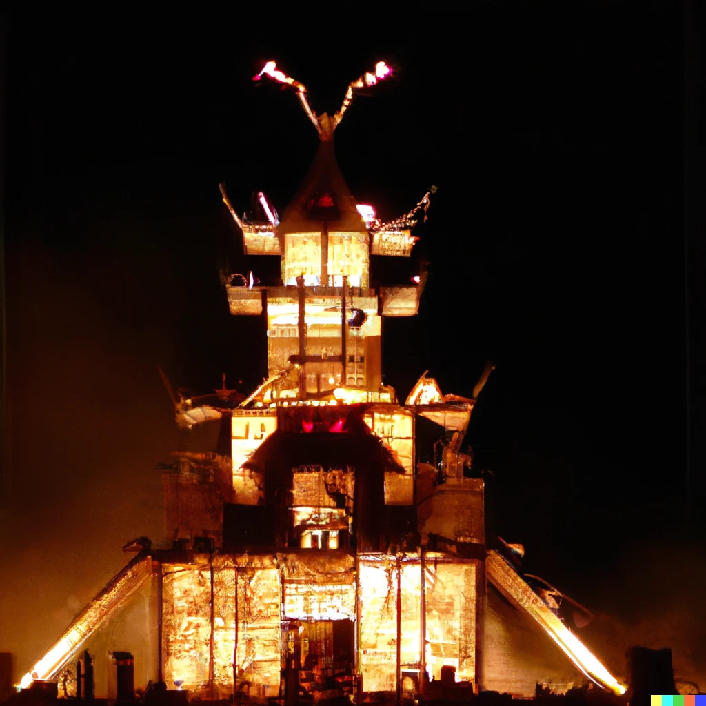Prompt: a shogun castle at burning man at night
