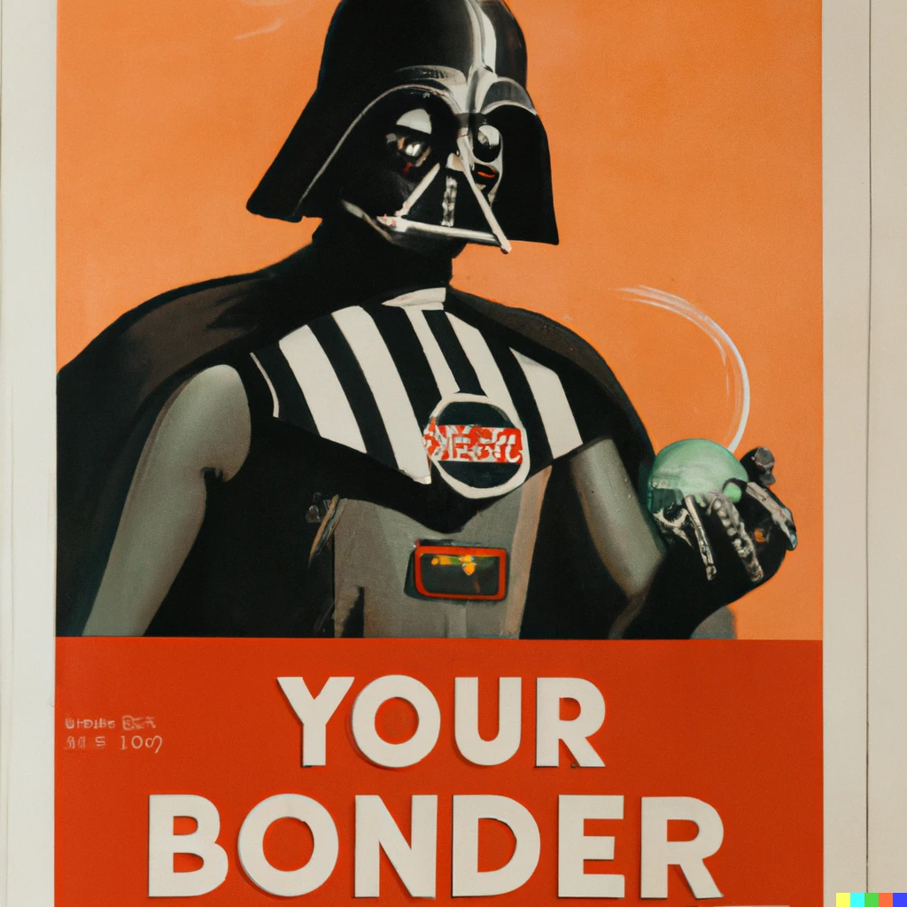Prompt: 1944 color photo of painting of Darth Vader “buy bonds” propaganda poster