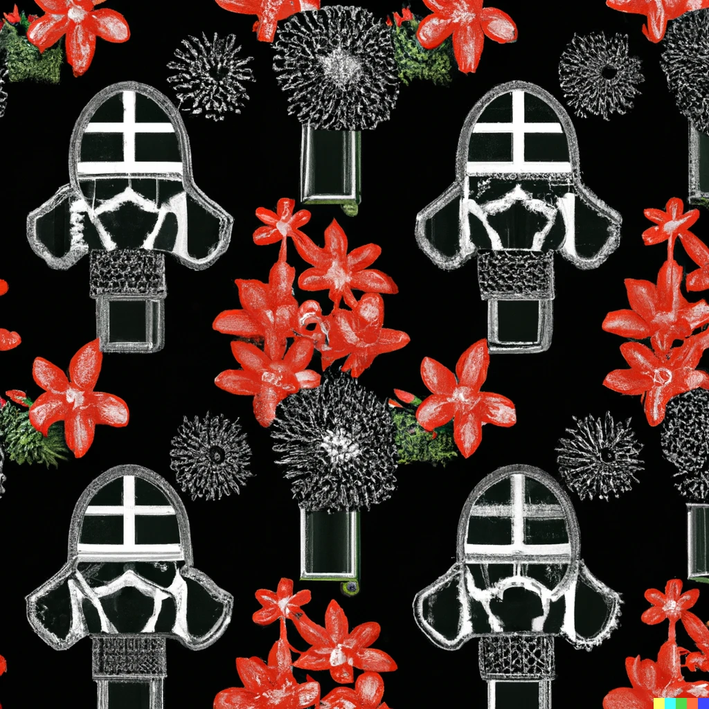 Prompt: complex fabric pattern with the themes of darth vader and ginger flowers