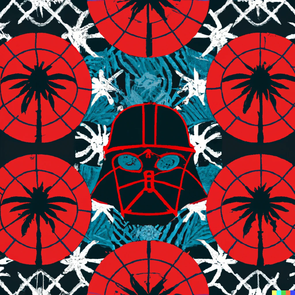 Prompt: art moderne hawaiian fabric pattern with the theme of darth vader