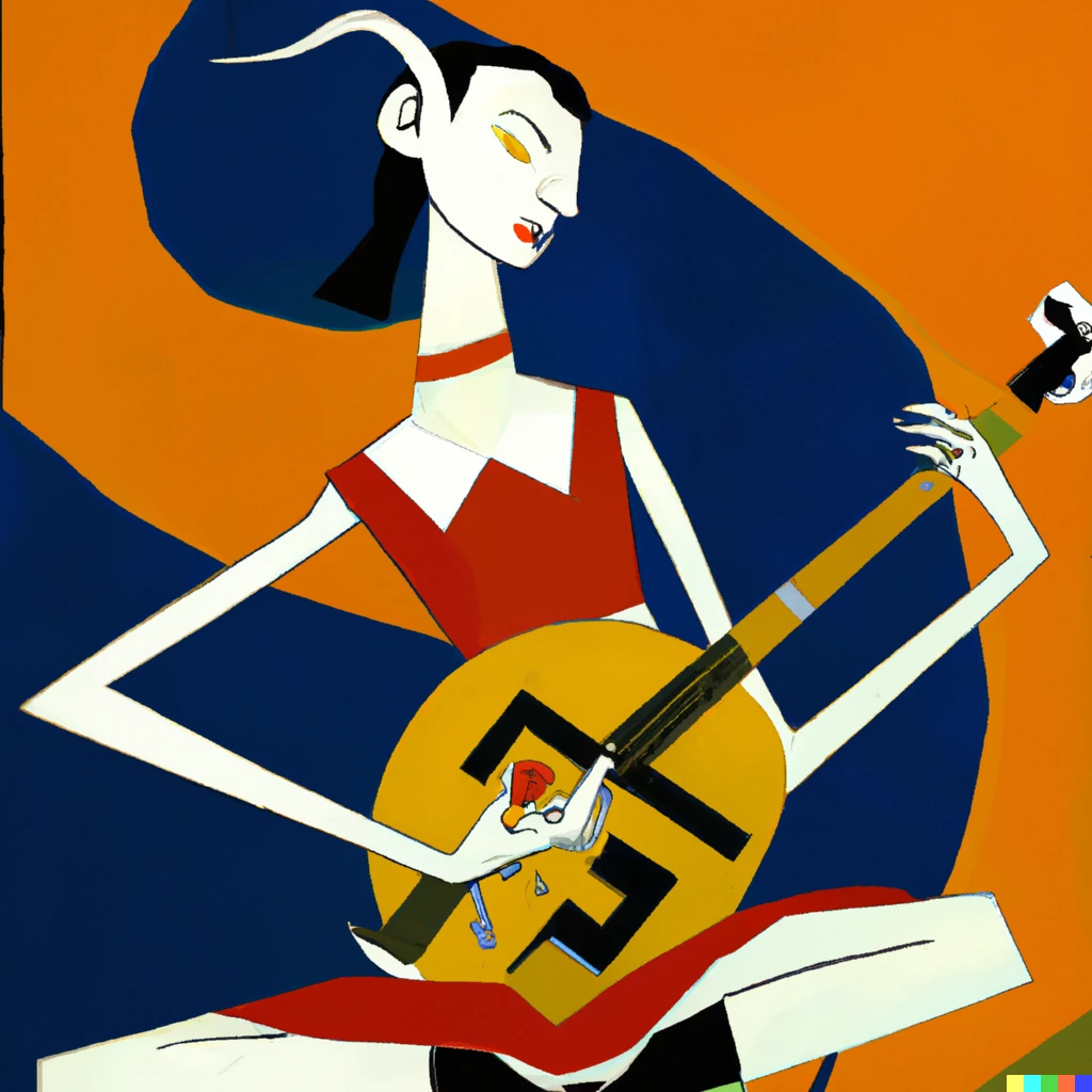 Prompt: bauhaus painting of a female tiefling playing a mandolin