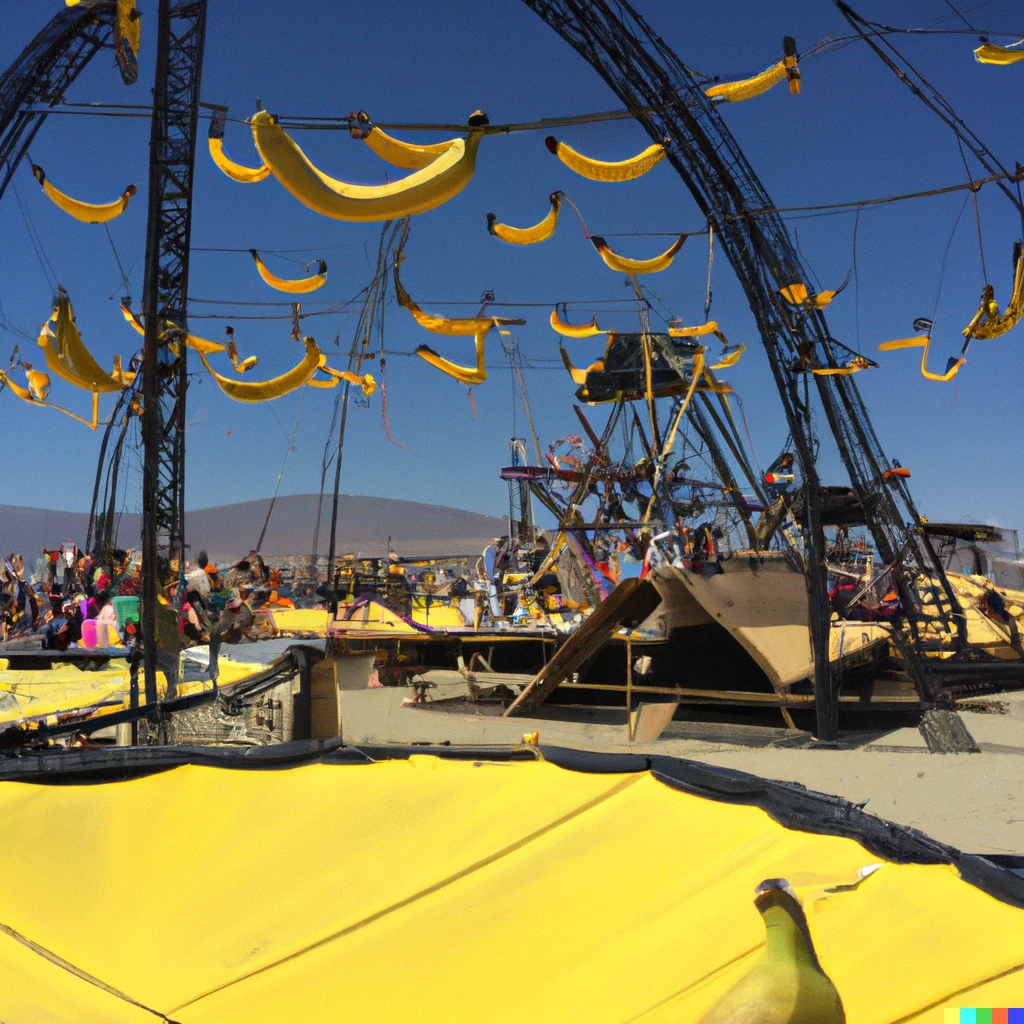 Prompt: a banana themed camp at burning man, with trampolines