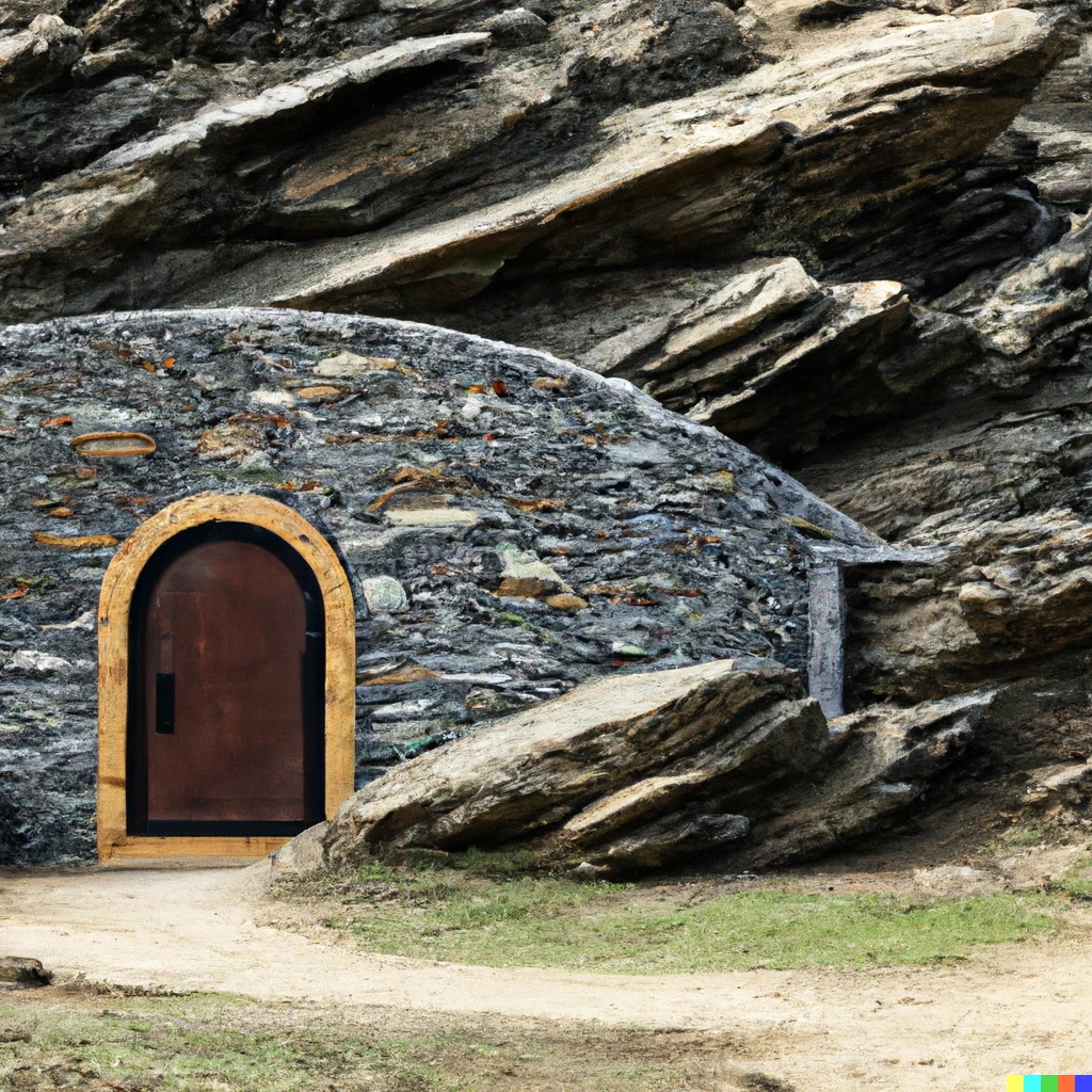Prompt: photo of a mountain style Hobbit dojo with a round door built into a rocky mountainside