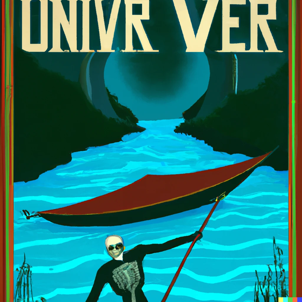 Prompt: art deco travel poster for the underworld  river styx with a cloaked skeleton guiding his boat