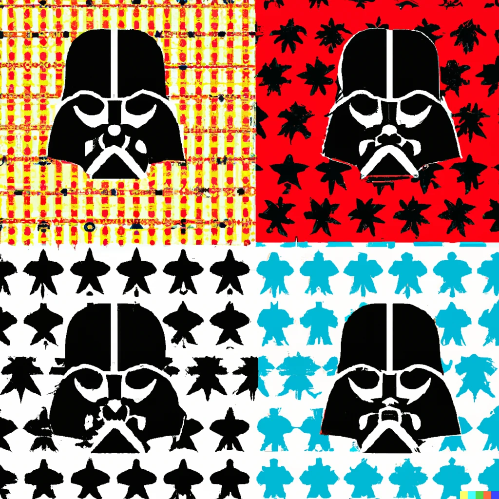 Prompt: pop art hawaiian fabric pattern by roy liechtenstein with the theme of darth vader