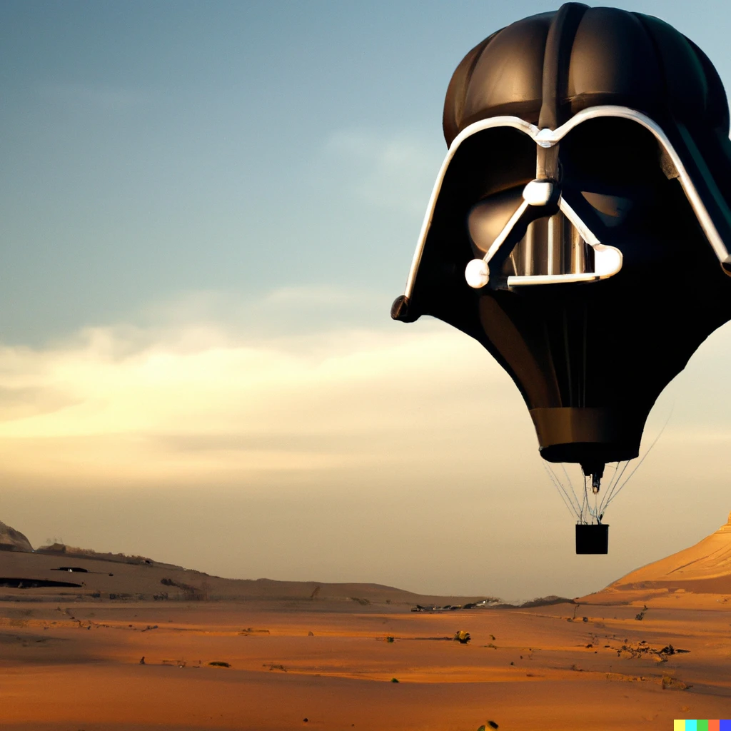 Prompt: photo of a hot air balloon shaped like Darth Vader flying above the Tatooine desert