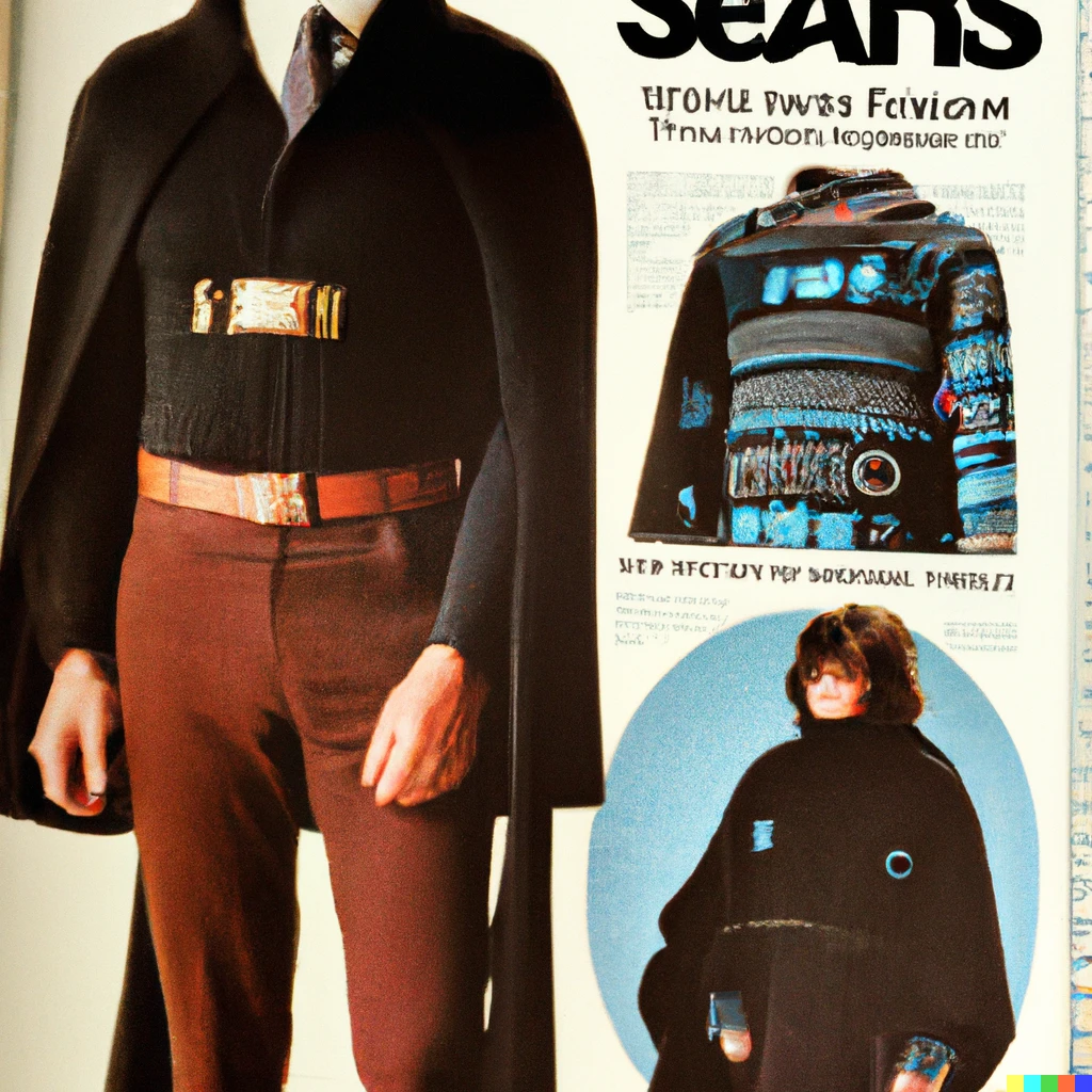 Prompt: photo of a 1978 Sears catalog with Darth Vader men’s fashion