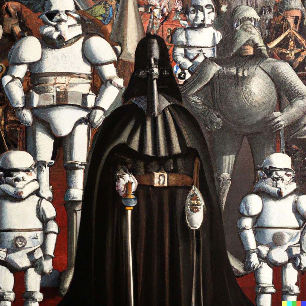 Prompt: hieronymous bosch painting of darth vader flanked by stormtroopers