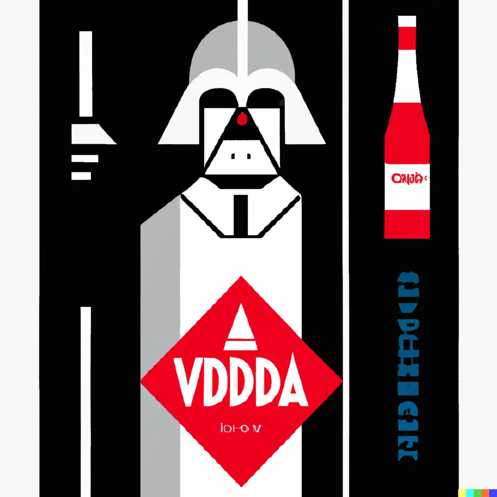 Prompt: illustrated bauhaus advertisement with darth vader for “vader vodka”
