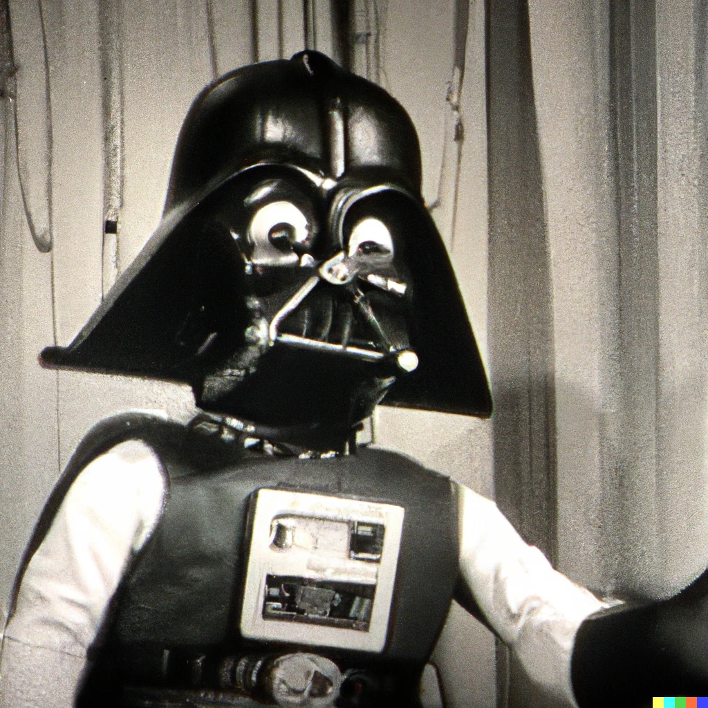Prompt: photo of Darth Vader guest appearance on 1955 episode of “Howdy Doody”