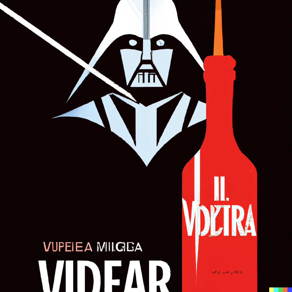 Prompt: illustrated advertisement by Calder with darth vader for “vader vodka”