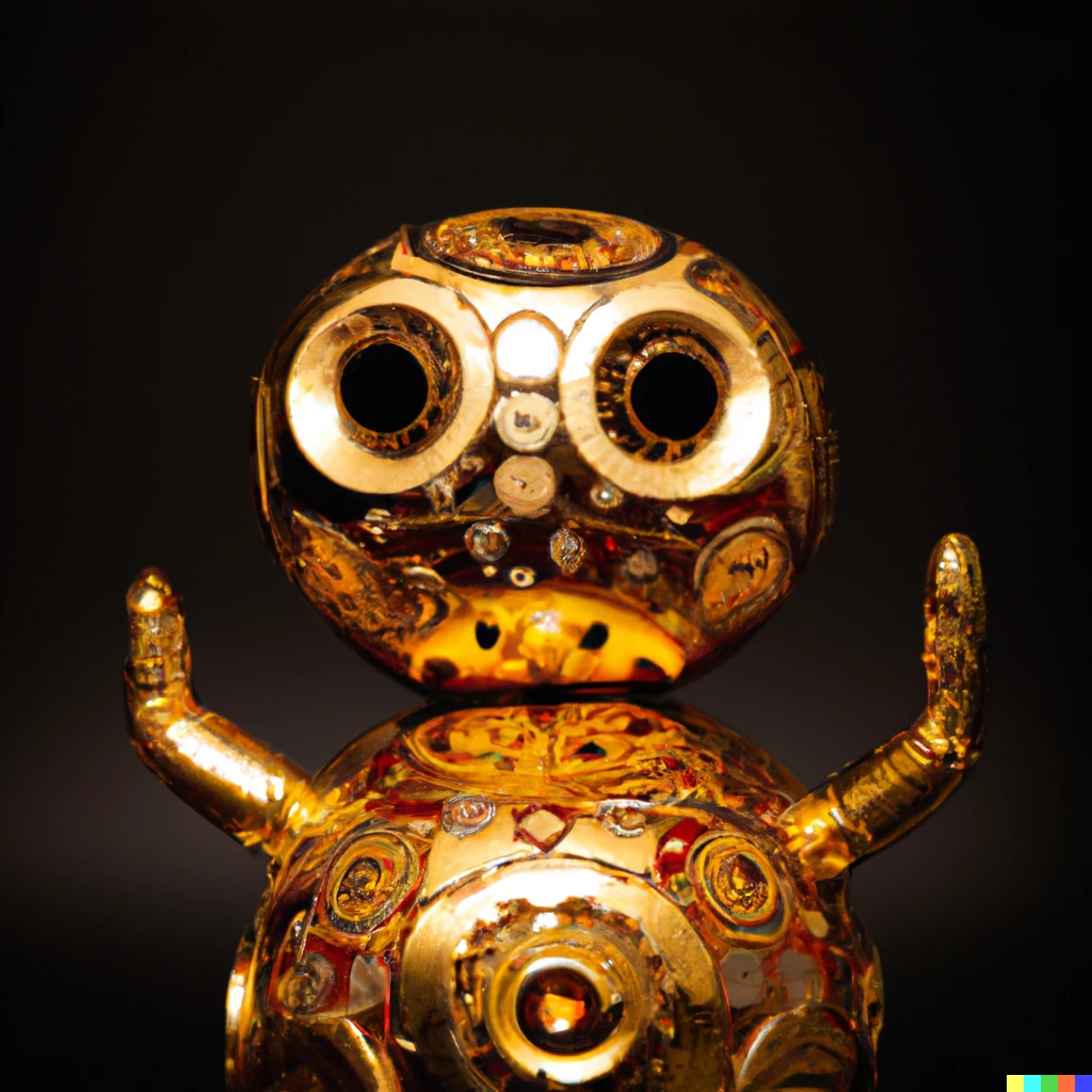 Prompt: photo of a round-headed, golden c3po alebrije against a dark backdrop