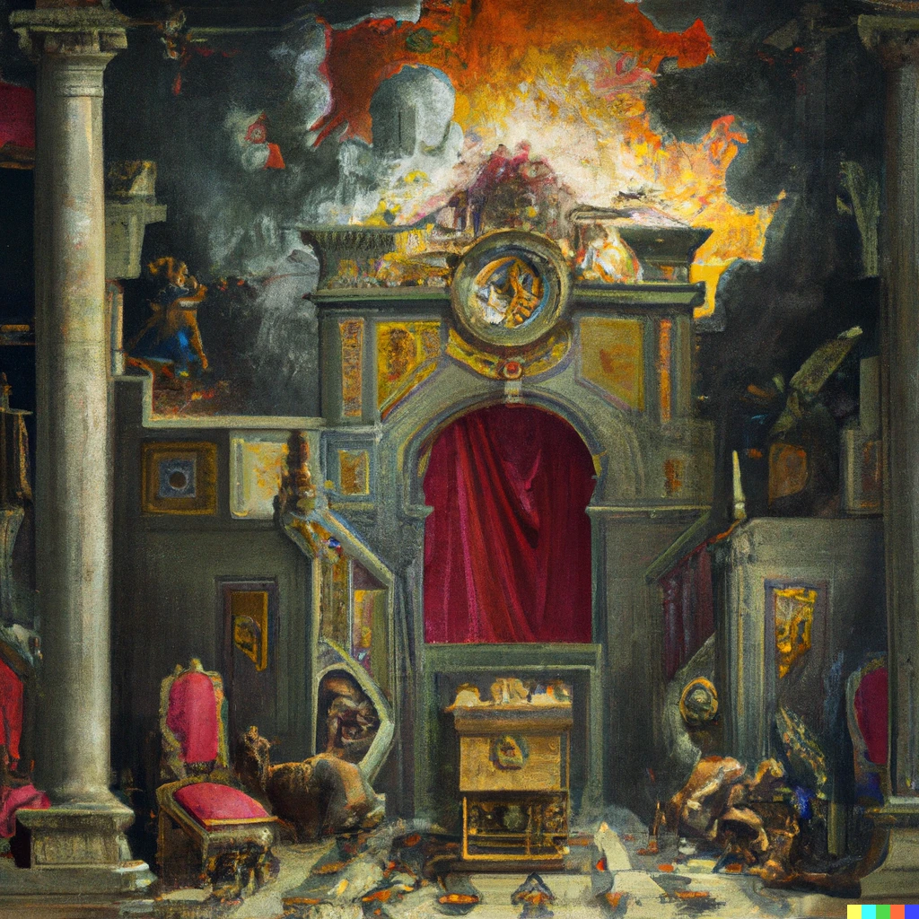 Prompt: renaissance oil painting of a cultist throne room