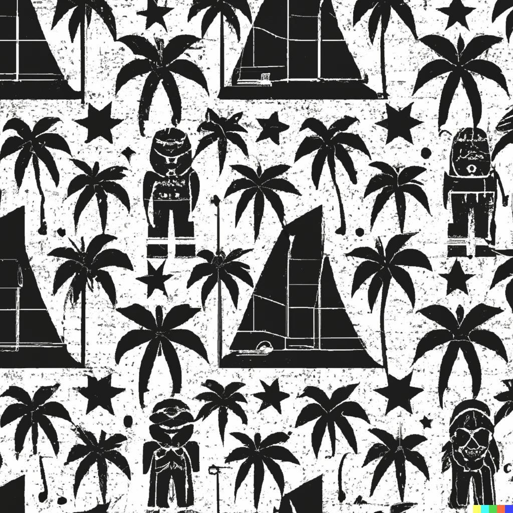Prompt: hawaiian fabric pattern by banksy with the theme of darth vader