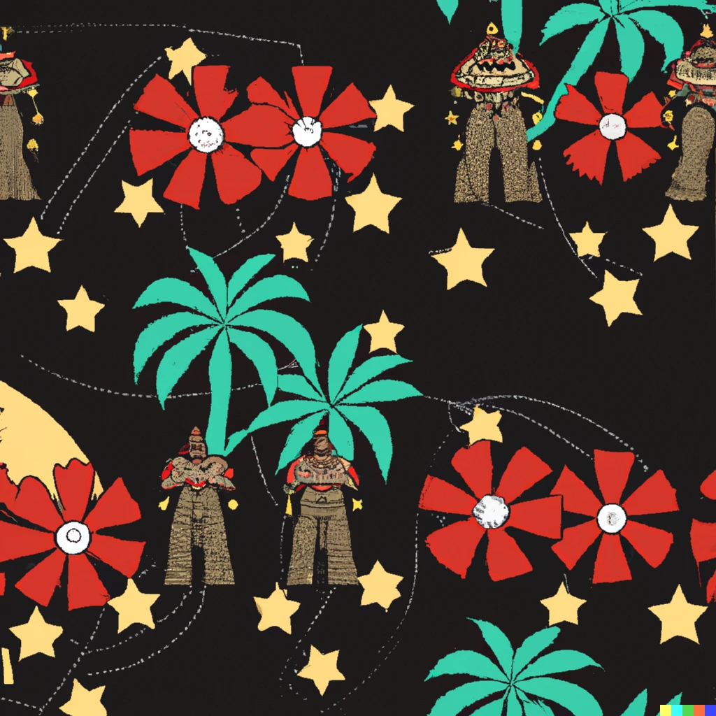 Prompt: complex hawaiian shirt fabric pattern with the themes of darth vader and hula