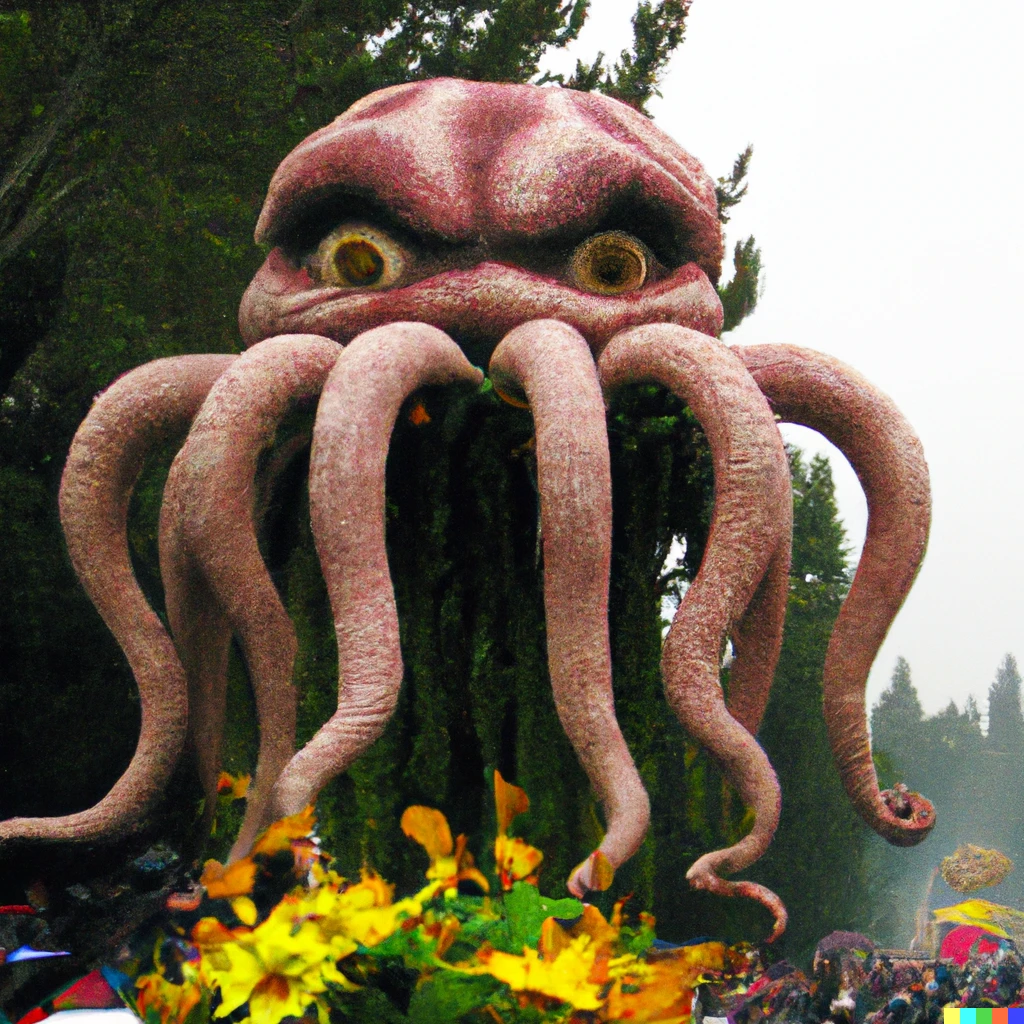 Prompt: a color photo of yog-sothoth themed float during the rose parade
