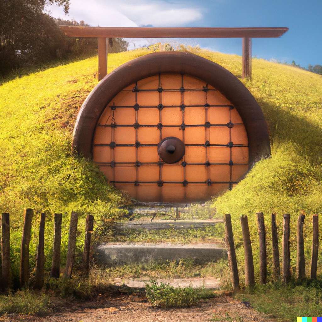 Prompt: ranch style Hobbit dojo with a round door built into a hillside