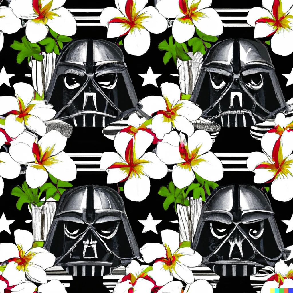 Prompt: complex fabric pattern with the themes of darth vader and plumeria flowers