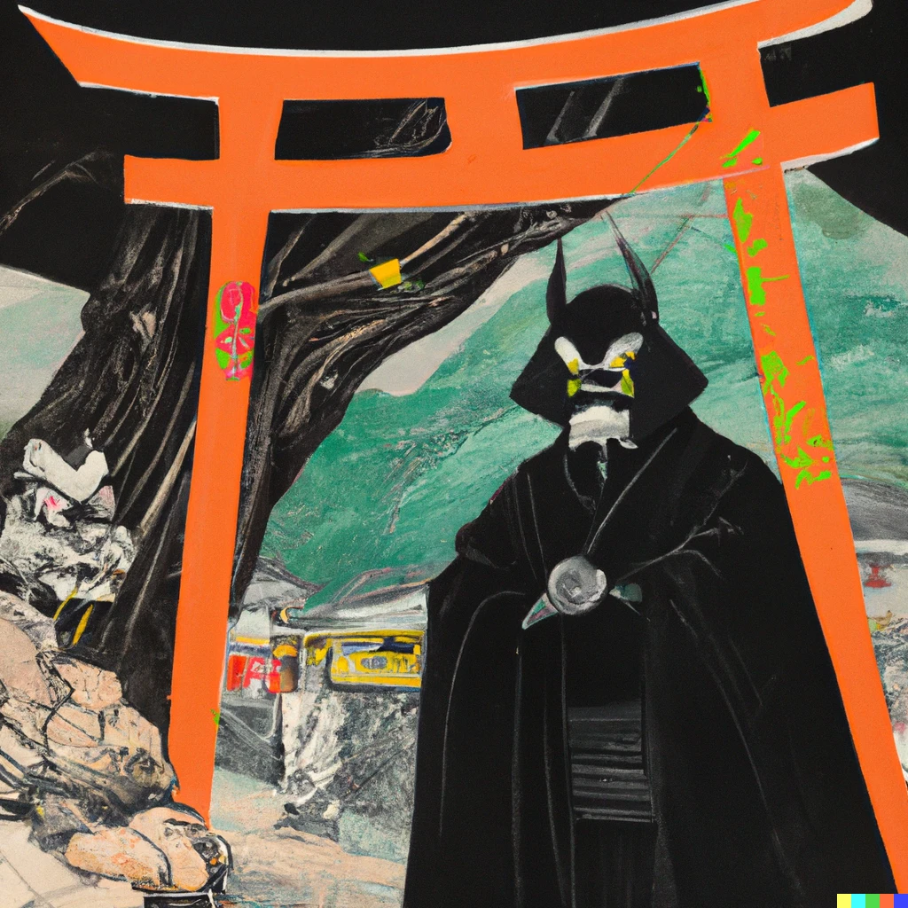 Prompt: ukiyo-e painting of darth vader, in a black kabuti and mask, visiting the torii at the inari fushima temple