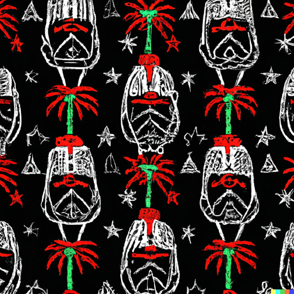Prompt: hawaiian fabric pattern by basquiat with the theme of darth vader