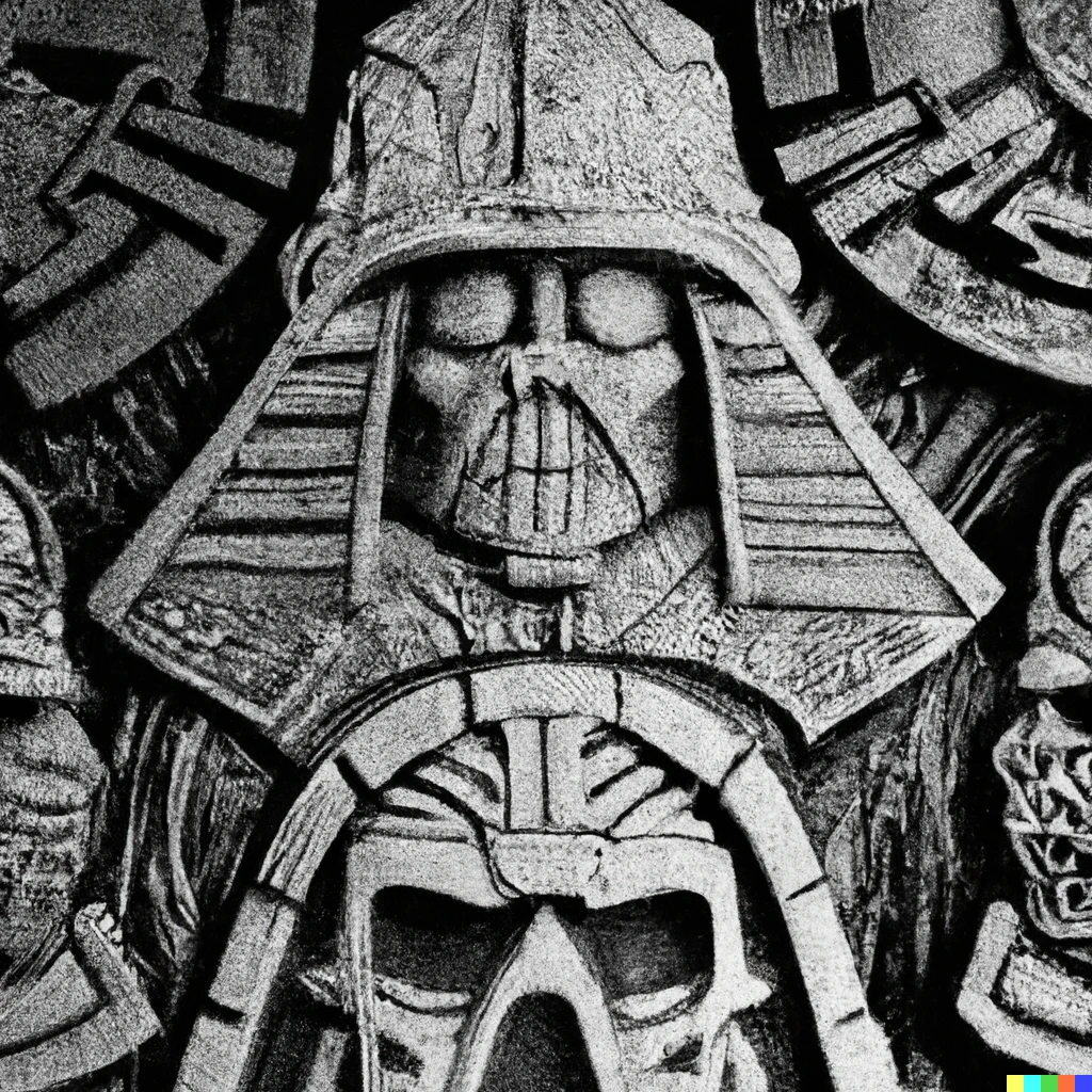 Prompt: aztec carving of darth vader flanked by stormtroopers