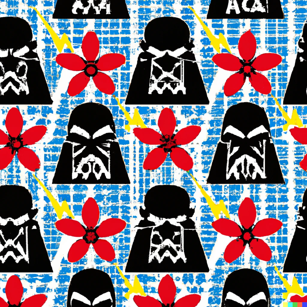 Prompt: pop art hawaiian fabric pattern by roy liechtenstein with the theme of darth vader