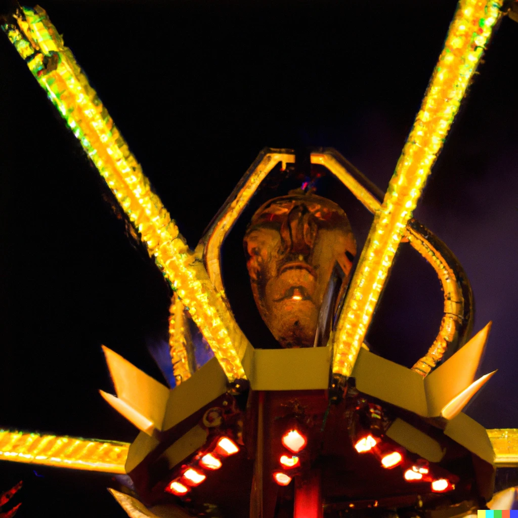 Prompt: color photo of hr giger themed carnival ride at night
