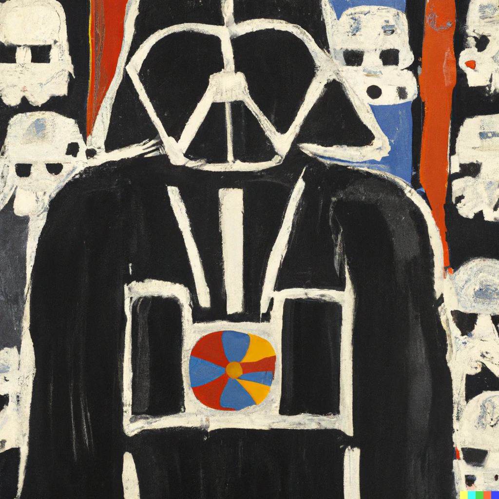 Prompt: painting by jasper johns of darth vader and stormtroopers