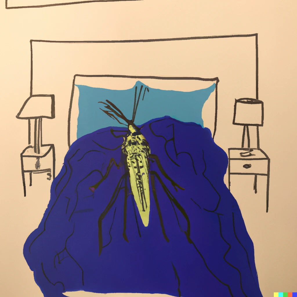 Prompt: andy warhol painting of “a human-sized  insect waking up in a person’s bed”