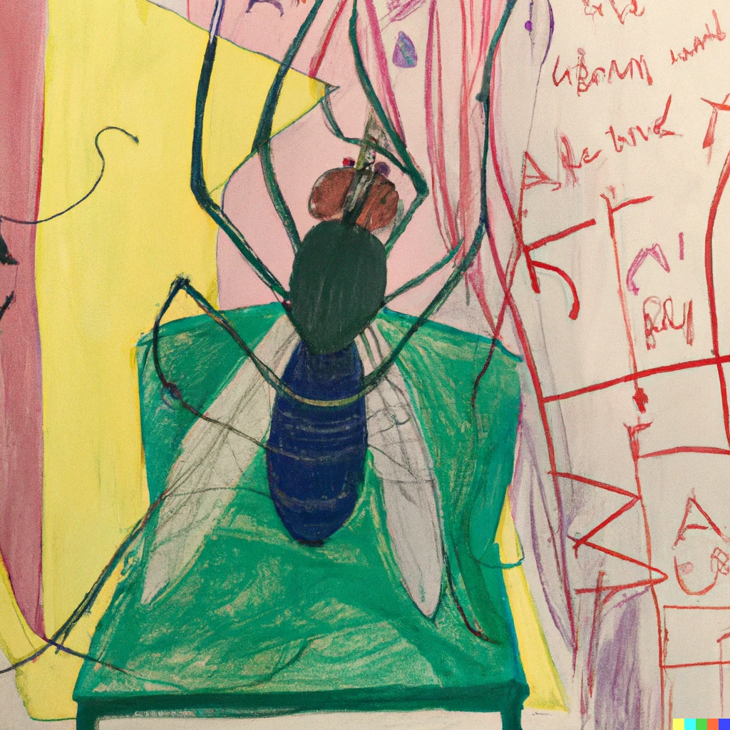 Prompt: dada painting of “a human-sized  insect waking up in a person’s bed”
