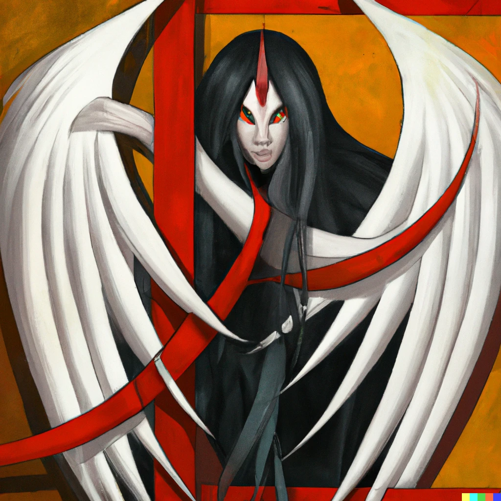 Prompt: bauhaus painting of a red-skinned female tiefling with long black hair and white angel wings