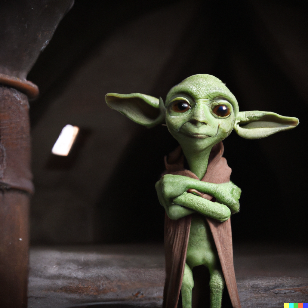 Kitt × DALL·E | photo of a yoda-like, green-skinned dobby in the ...