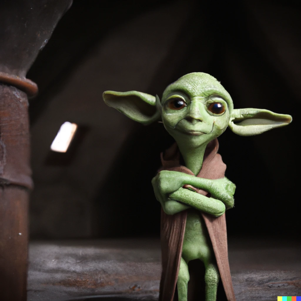 Prompt: photo of a yoda-like, green-skinned dobby in the hogwarts dungeon